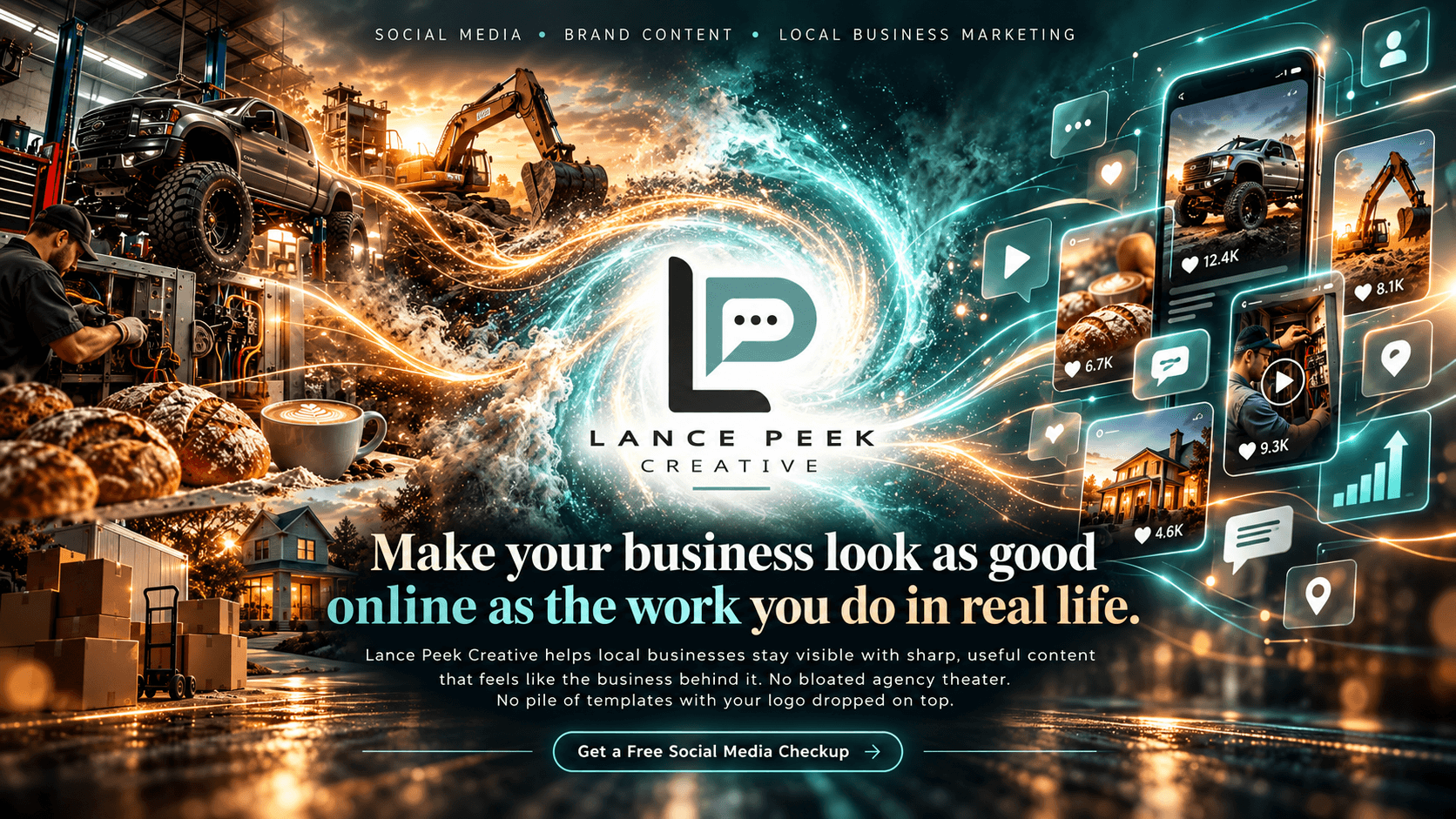 Lance Peek Creative hero graphic showing local businesses transformed into polished social media and digital marketing